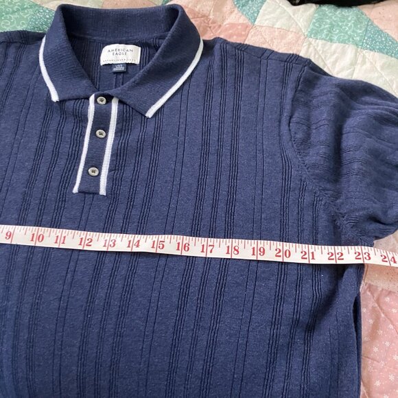American Eagle Weekend Tipped Sweater Polo Shirt Mens L Navy Preppy Knit - Picture 8 of 9